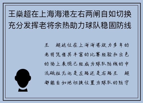 王燊超在上海海港左右两闸自如切换充分发挥老将余热助力球队稳固防线